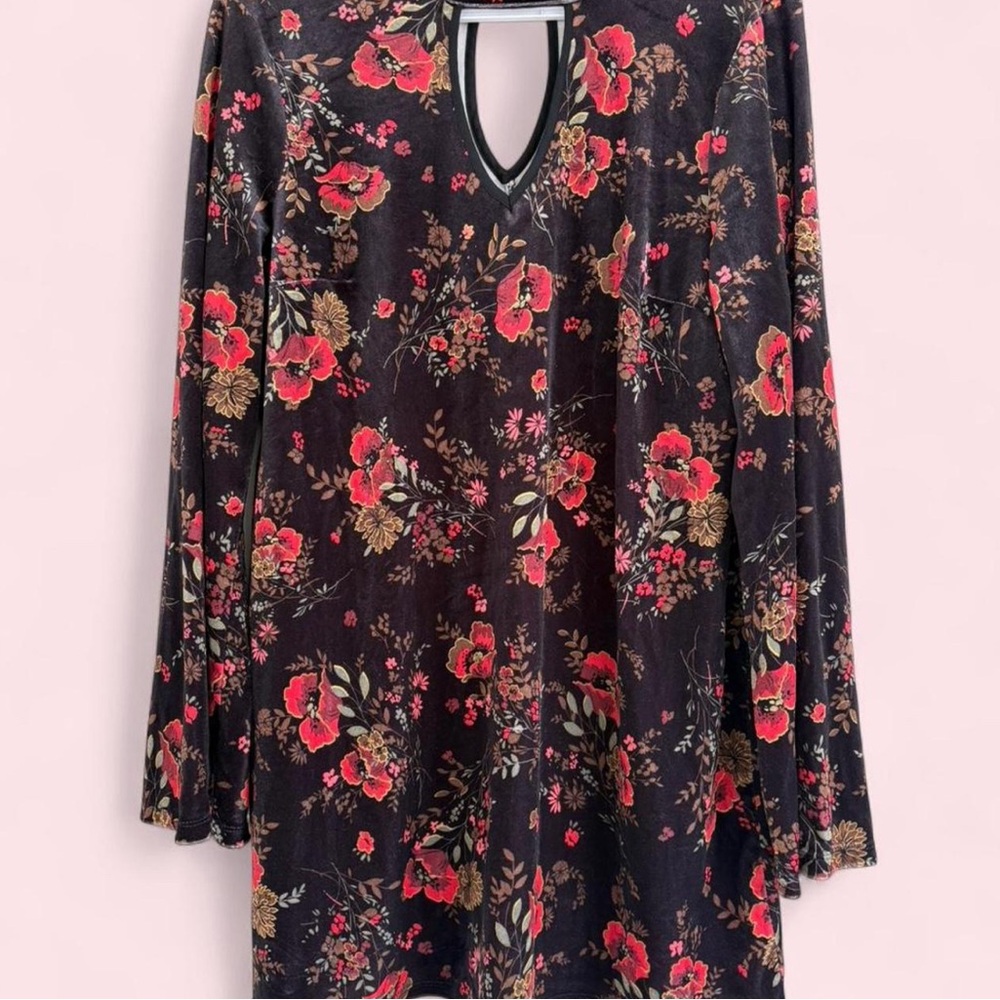 Xhilaration Black Floral Keyhole Long Sleeve Dress with Red and Gold Accents